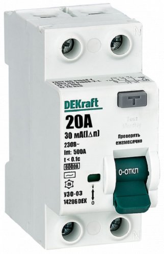 Выключатель дифференциального тока УЗО DeKraft УЗО-03 2п 20А 30мА 6,0кА тип AC  картинка